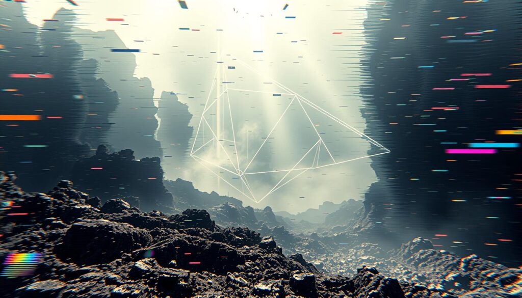 A chaotic scene of digital glitches and visual artifacts, simulating a GPU failure. In the foreground, a distorted, pixelated landscape with corrupted textures and color shifts. In the middle ground, geometric shapes and patterns flicker and morph, creating a sense of instability. The background is shrouded in a hazy, static-like interference, with slivers of light breaking through the distortion. The lighting is harsh, creating sharp contrasts and emphasizing the digital nature of the scene. The overall atmosphere is one of technological malfunction, a system on the verge of collapse.
