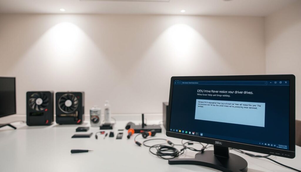 A clean, well-lit room with a desktop computer prominently displayed in the foreground. The monitor screen shows the DDU (Display Driver Uninstaller) interface, guiding the user through the driver removal process. In the middle ground, various computer components, cables, and tools are neatly arranged, hinting at a methodical, troubleshooting-focused environment. The background features a neutral-toned wall, providing a calm, professional setting. Soft, directional lighting casts subtle shadows, conveying a sense of focus and attention to detail. The overall mood is one of technical expertise, problem-solving, and a systematic approach to resolving driver-related issues.