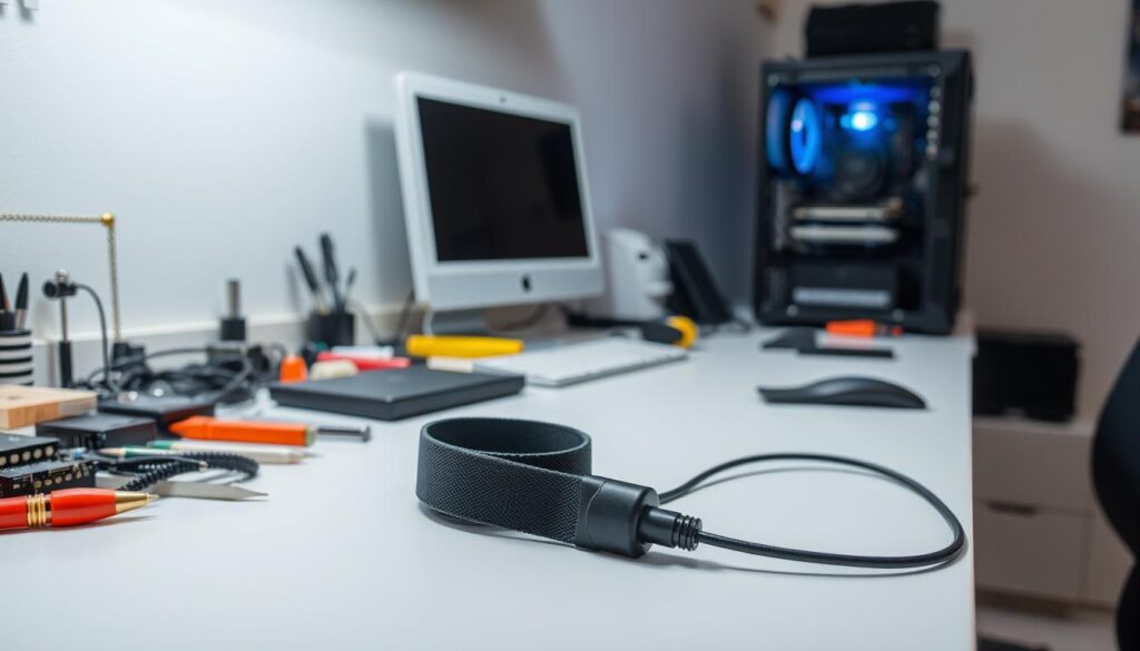 A clean, well-lit workspace with an anti-static wrist strap setup prominently displayed on a workbench. The strap is attached to a grounding wire, creating a safe path for static electricity discharge. The workbench is clutter-free, with various computer components, tools, and a desktop computer in the background, creating a professional, organized atmosphere. Soft, diffused lighting illuminates the scene, emphasizing the importance of proper safety measures when handling delicate electronics. The overall tone is informative and instructive, conveying the significance of this safety precaution in the process of GPU installation.