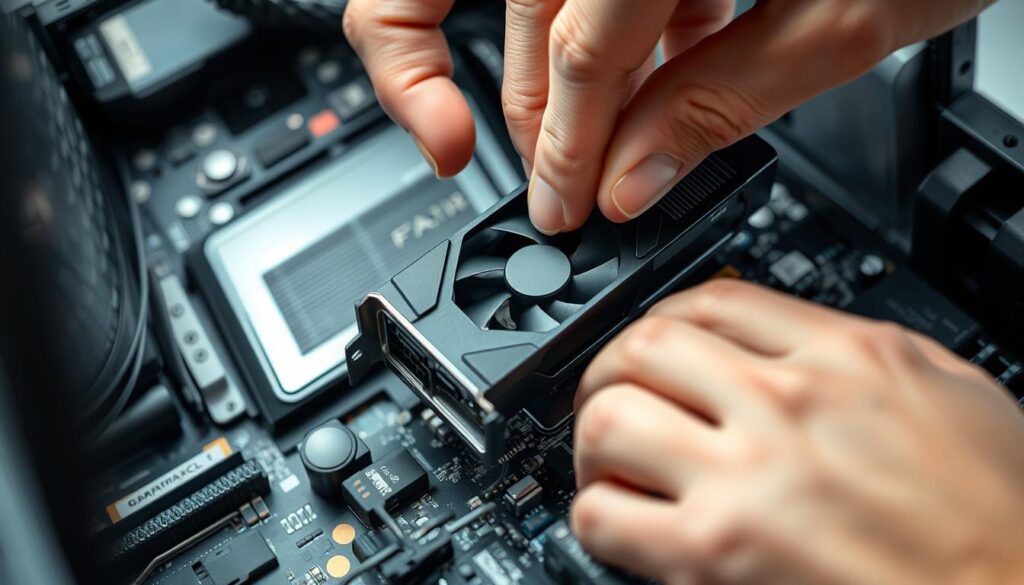 A close-up, high-resolution image of a computer's internal components, featuring the graphics card removal process. The graphics card is being carefully extracted from the motherboard, with the user's hands gently lifting it out. The image is lit by a soft, neutral light, providing clear visibility of the intricate details. The background is blurred, keeping the focus on the foreground action. The overall tone is one of precision and attention to detail, reflecting the care required when handling delicate computer hardware.