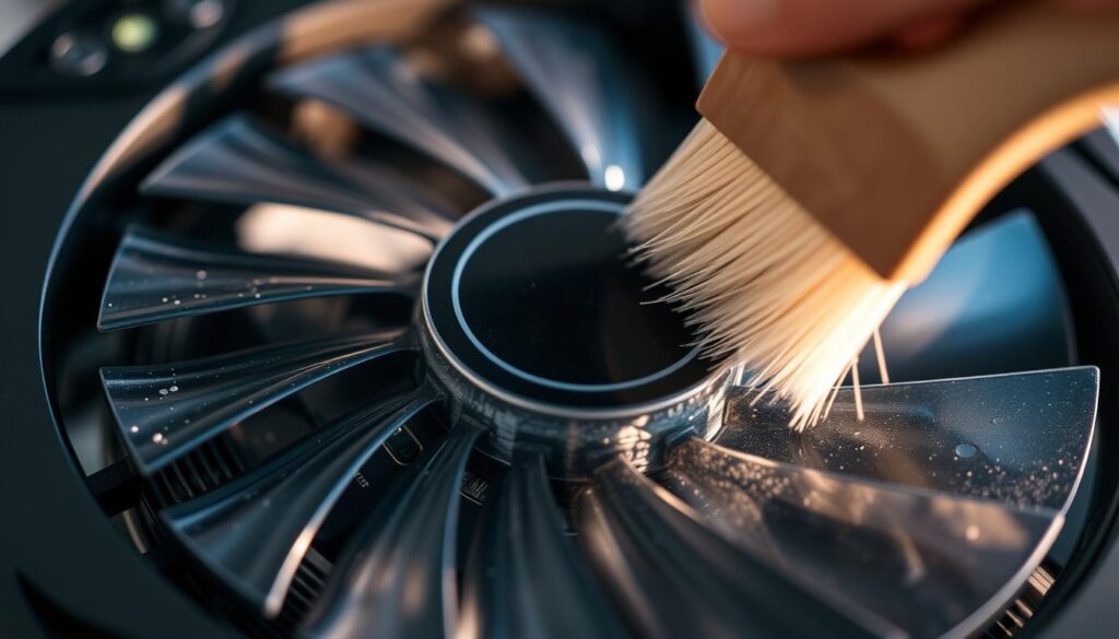 A close-up view of a GPU fan, with the blades in motion, being gently cleaned with a soft-bristled brush. The fan is illuminated by soft, diffused lighting, casting subtle shadows and highlights on the intricate fan structure. The image showcases the delicate process of thoroughly cleaning the fan blades, ensuring maximum airflow and cooling efficiency for the GPU. The scene conveys a sense of care and attention to detail, emphasizing the importance of proper GPU maintenance.