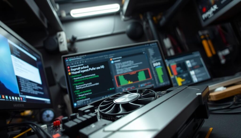 A close-up view of a computer desktop, with a stylized graphics card and monitor in the foreground. The graphics card is prominently displayed, with its inner workings and components visible. In the middle ground, various troubleshooting tools and diagnostic software are open on the screen, displaying error messages and performance data. The background is slightly blurred, but suggests a dimly lit, industrial-style workspace, with hints of cables, tools, and a sense of technical complexity. The overall mood is one of focused problem-solving, with a touch of technical sophistication.