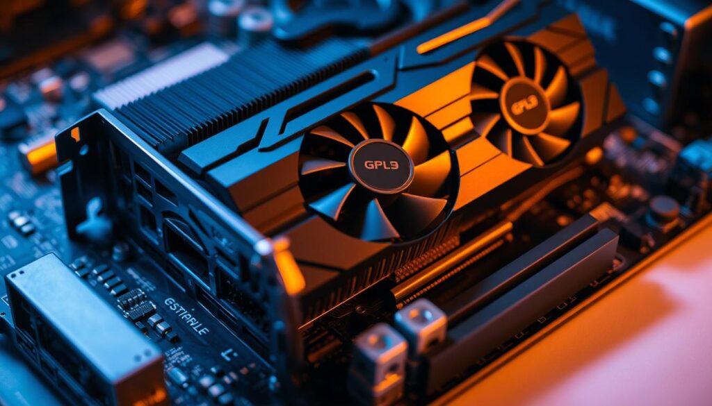 A close-up view of a computer motherboard, showcasing a high-performance graphics card. The card is illuminated by warm, directional lighting, casting subtle shadows that highlight its intricate heatsinks, fans, and circuit board details. The background is slightly blurred, keeping the focus on the graphics card. The image conveys a sense of technical precision and efficiency, suggesting ways to optimize the card's performance within a clean, well-maintained operating system.