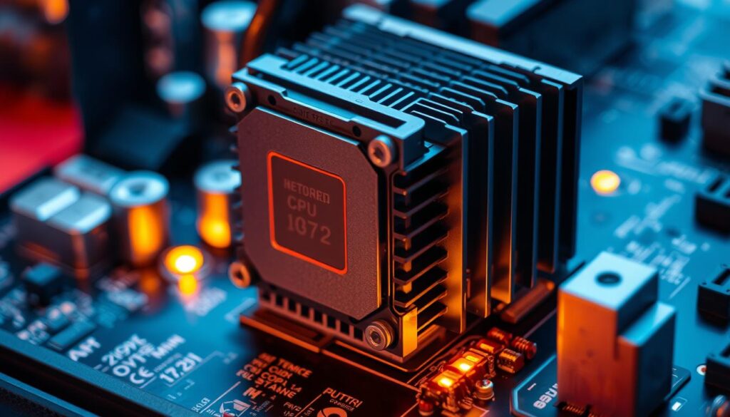 A close-up view of a computer motherboard, with a central processing unit (CPU) prominently displayed. The CPU's heat sink and fan are visible, highlighting the components responsible for monitoring and regulating the CPU's temperature. The lighting is warm and subtle, casting a gentle glow over the scene, emphasizing the technical and functional nature of the subject matter. The background is slightly blurred, drawing the viewer's focus to the CPU and its cooling mechanisms. The overall composition conveys a sense of precision, control, and the importance of maintaining optimal CPU temperatures for reliable system performance.