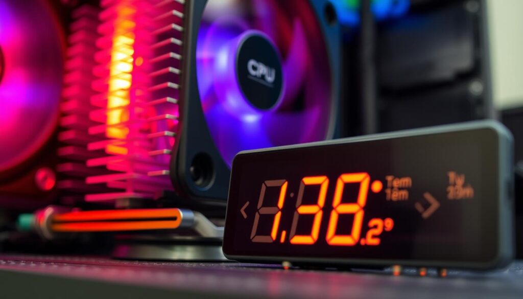 A close-up view of a computer's CPU heatsink, with its fan spinning rapidly and illuminated by soft, warm lighting. The heat dissipation fins are clearly visible, showcasing their intricate design and efficiency. In the foreground, a digital temperature readout display is prominently featured, providing real-time monitoring of the CPU's thermal status. The background is blurred, creating a sense of focus and emphasizing the importance of the temperature information. The overall scene conveys a sense of technical precision and the need to maintain optimal system performance.