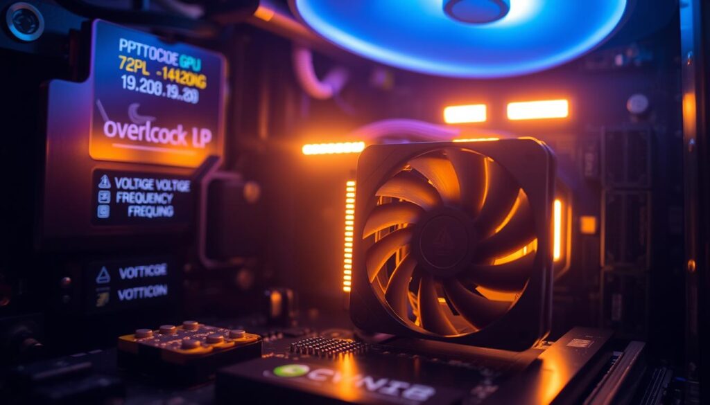 A close-up view of a computer's GPU (graphics processing unit) undergoing the overclocking process. The GPU is prominently displayed in the foreground, its intricate heatsink and fan assembly illuminated by warm, focused lighting. The surrounding components, such as the motherboard and other internal parts, are slightly blurred in the middle and background, creating a sense of depth and emphasis on the GPU. Technical details like voltage and frequency settings are visible on a digital display, conveying the precise, technical nature of the overclocking procedure. The overall atmosphere is one of concentration and technical precision, reflecting the meticulous process of optimizing the GPU's performance.