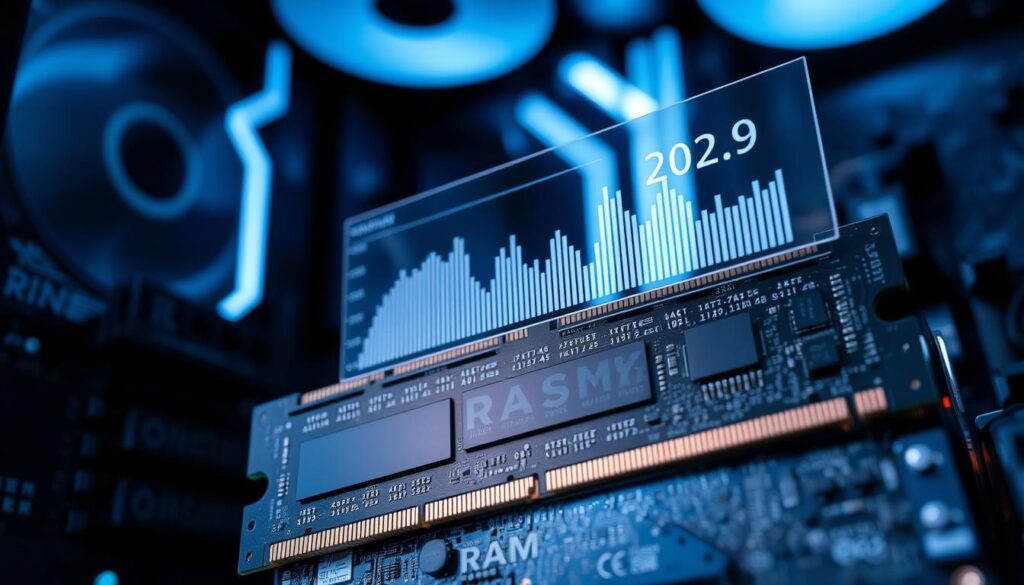 A close-up view of a modern gaming desktop showcasing its RAM components. The foreground features a detailed cross-section of the RAM modules, highlighting their intricate design and the complex circuitry within. In the middle ground, a transparent overlay displays real-time RAM usage metrics, dynamically shifting to reflect different gaming workloads. The background subtly fades into a sleek, futuristic environment, accentuating the technological prowess of the system. The lighting is crisp and focused, creating a sense of precision and high-performance. The overall mood is one of technical sophistication, conveying the importance of carefully selecting the right RAM configuration for optimal gaming experiences.