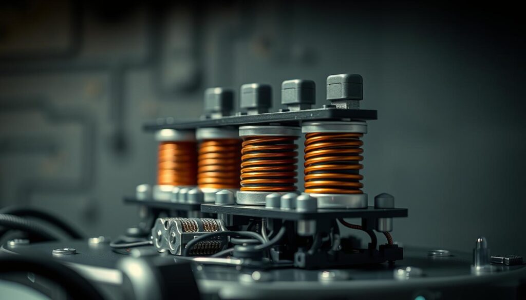 A close-up view of high-performance electronic components, showcasing intricate coils and circuitry against a muted, techno-industrial background. Capture the essence of coil whine with a sharp, detailed focus on the components, emphasizing the complexity and precision of their design. Use a slightly moody, subdued lighting to convey a sense of technical gravitas, while maintaining a clean, minimalist aesthetic. Experiment with angles and perspectives to highlight the interplay of shadows and highlights, drawing the viewer's attention to the subtle vibrations and electrical activity within the coils.