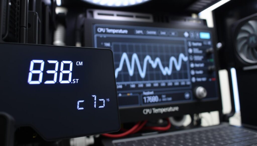 A desktop computer display showing real-time CPU temperature monitoring. In the foreground, a digital temperature readout prominently displays the current CPU core temperatures. In the middle ground, a dynamic line graph tracks temperature fluctuations over time. The background features a minimalist, sleek hardware interface with intuitive controls and settings for fine-tuning the monitoring parameters. The lighting is clean and crisp, with a soft, even glow illuminating the display. The camera angle is slightly elevated, providing a clear, unobstructed view of the monitoring tools. The overall atmosphere conveys a sense of precise, technical control over the system's thermal performance.