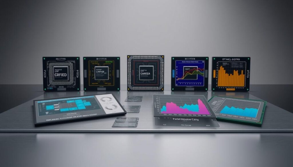 A detailed and technical cross-comparison of contemporary CPU architectures, showcasing their respective performance characteristics. Displayed on a sleek, metallic surface with precise schematics, heat maps, and benchmark graphs in the foreground, providing a visually engaging and informative representation of CPU capabilities. The middle ground features a subtle, minimalist backdrop with muted tones, allowing the technical details to take center stage. Crisp, high-resolution rendering with a sense of depth and precision, captured through a professional-grade camera lens, conveying a measured, analytical tone befitting the subject matter.