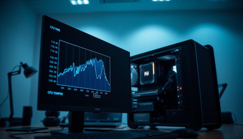 A detailed, technical desktop scene showcasing the monitoring of CPU temperature. In the foreground, a computer monitor displays a clear, easy-to-read graph of real-time CPU temperature data. The middle ground features an open-case desktop PC with various internal components, including the CPU heatsink and fan. The background depicts a minimalist, dimly lit office environment with subtle lighting that creates a focused, analytical atmosphere. The overall composition highlights the importance of closely monitoring CPU temperatures for optimal system performance and health.