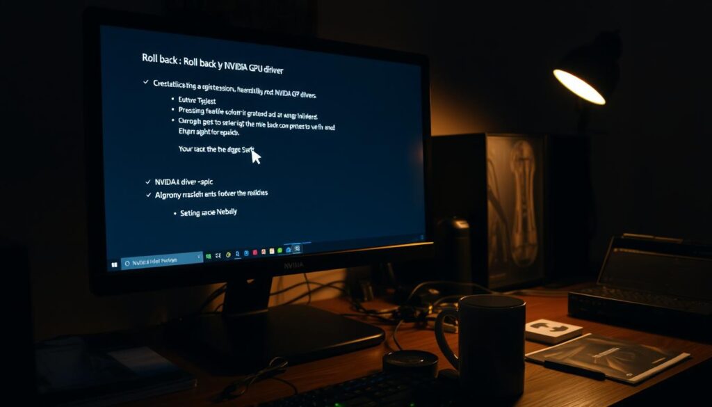 A dimly lit computer desk, the screen displaying a step-by-step process for rolling back NVIDIA GPU drivers. In the foreground, a mouse cursor hovers over the relevant menus and options, guiding the user through the rollback procedure. Soft ambient lighting casts a warm glow, creating a focused and contemplative atmosphere. The desk is cluttered with cables, hardware manuals, and a coffee mug, conveying a sense of a tech-savvy workspace. The overall scene suggests a user troubleshooting a driver issue, seeking a solution to resolve their graphics-related problems.
