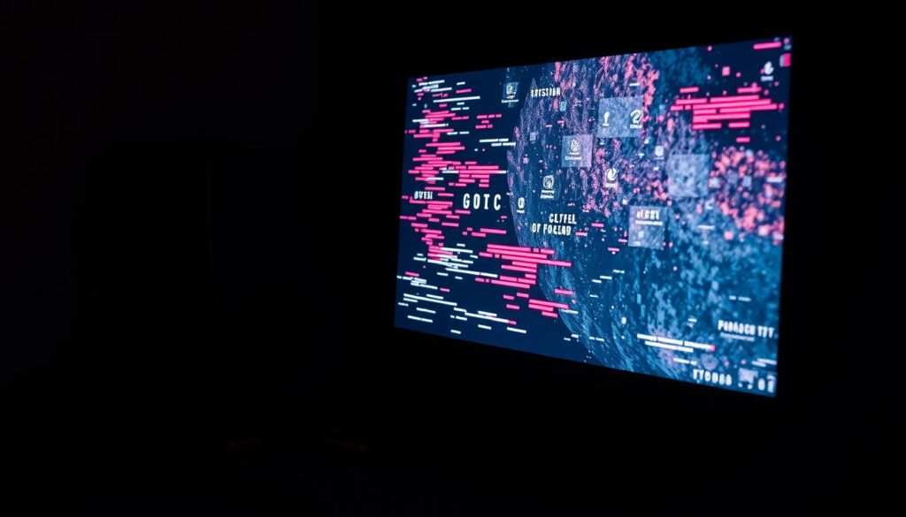 A dimly lit computer desk, with a flickering and distorted graphics card visible on the screen. The monitor displays glitching visuals, pixelated textures, and artifacts, hinting at the GPU's impending failure. The desktop is cluttered with diagnostic tools and cables, creating a sense of frustration and urgency. Harsh, directional lighting casts sharp shadows, emphasizing the hardware's distress. The overall atmosphere conveys a sense of technological distress, with the graphics card struggling to maintain its function.
