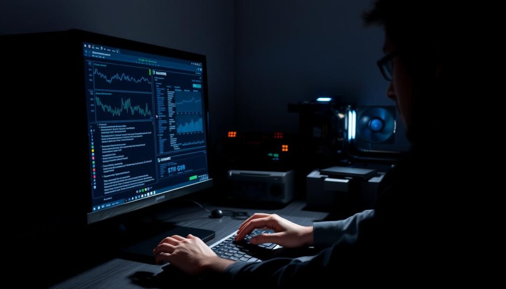 A dimly lit computer workstation, its sleek, black tower and monitor casting long shadows across the desk. The user's hands hover over the keyboard, brow furrowed in concentration as they navigate a complex system monitoring interface, lines of data and graphs flickering across the screen. The room is bathed in the soft glow of the display, creating an atmosphere of technical focus and problem-solving. In the background, a hulking, state-of-the-art GPU sits prominently, its cooling fans whirring softly as it processes demanding computational tasks. The scene conveys the challenge of optimizing GPU performance, the user's determination to uncover and resolve any issues standing in the way of peak efficiency.