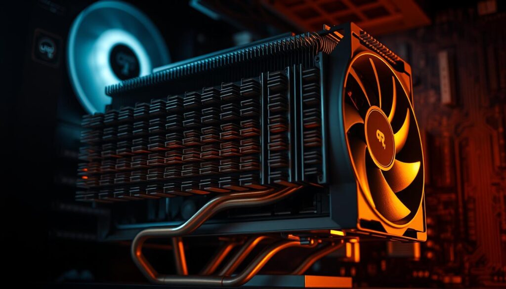 A dimly lit computer workstation, the focus on a high-performance GPU heatsink and fan assembly. The metal cooling fins and heatpipes glisten under a warm, directional light, casting intricate shadows across the intricate, technical design. In the background, a subtle pattern of circuit board traces and electronic components, conveying the complex inner workings of the GPU. The overall mood is one of precision engineering and thermal management, setting the stage for the "Practical Steps to Fix GPU Artifacting" section of the article.