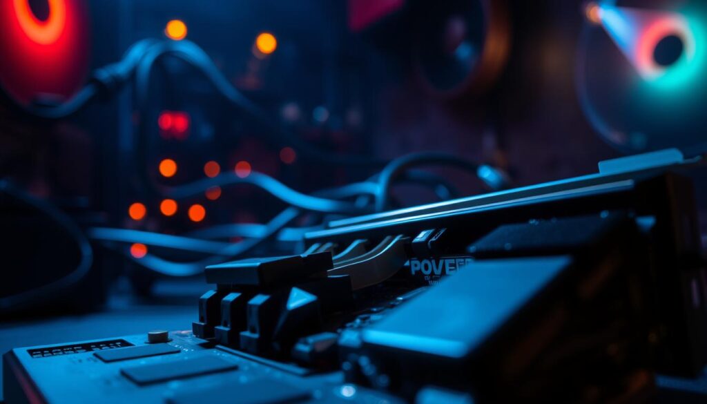 A dimly lit gaming setup, the focus on a high-performance graphics card. In the foreground, a close-up view showcases the card's intricate components, including its power circuitry and coils. The lighting is soft and moody, casting subtle shadows that accentuate the textures and details. In the middle ground, various cable management techniques are visible, hinting at ways to minimize interference and reduce coil whine. The background is hazy, conveying a sense of technical expertise and problem-solving, with a touch of atmospheric ambiance to set the mood. The overall scene exudes a sense of thoughtful, methodical approach to addressing the challenge of coil whine in a high-end gaming setup.