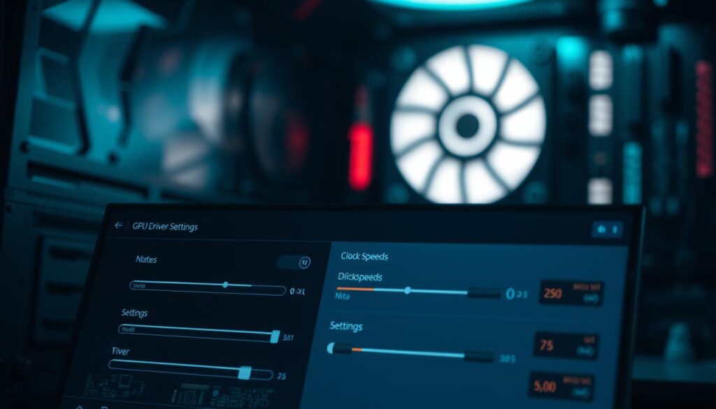 A dimly lit, high-tech computer workstation, with a focus on a close-up view of a GPU. The GPU's circuit board is exposed, revealing a complex web of components and traces. In the foreground, the GPU's clock speeds and driver settings are displayed on a computer monitor, with adjustable sliders and settings that the user can manipulate. The background is blurred, creating a sense of depth and emphasis on the GPU and its settings. The lighting is soft and moody, casting subtle shadows that highlight the intricate details of the GPU. The overall atmosphere conveys a sense of technical troubleshooting and problem-solving.