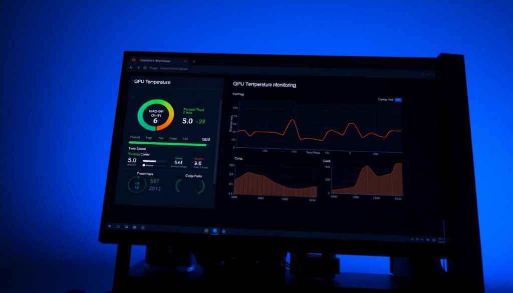 A dimly lit, high-tech desktop computer screen displaying a GPU temperature monitoring software interface. The foreground shows a sleek, modern dashboard with real-time temperature readings, fan speed controls, and performance graphs. The middle ground features the computer's internal components, including a powerful GPU with intricate heatsinks and cooling fans. The background is a subtle gradient, creating a sense of depth and focus on the software interface. The lighting is balanced, with a slight cool tone, emphasizing the technical nature of the scene. The overall mood is one of precision, control, and the need to maintain optimal GPU performance.