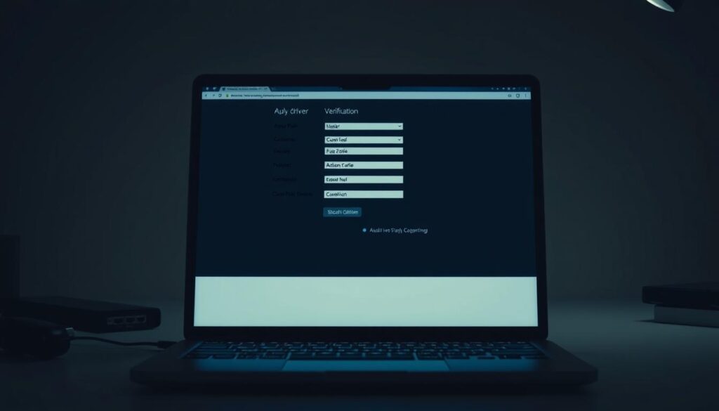 A dimly lit, minimalist office scene with a laptop screen displaying a driver verification process. The laptop is positioned on a clean, minimalist desk, with a subtle glow illuminating the scene. The background is blurred, creating a sense of focus on the laptop screen. The laptop screen shows a series of input fields, checkboxes, and buttons, hinting at the technical nature of the driver verification process. The overall mood is one of focus and efficiency, reflecting the practical nature of the "Post-Installation Tips and Driver Update Strategies" section.