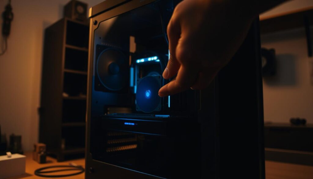 A dimly lit workshop, with a sleek, modern computer tower resting on a workbench. The focus is on a partially open case, revealing the internal components, including an empty SSD bay. Nimble hands carefully guide the new solid-state drive into its slot, the crisp, blue LED indicator lighting up as the connection is made. The room is bathed in a soft, warm glow, casting subtle shadows that highlight the precision of the installation process. The scene exudes a sense of focus and accomplishment, capturing the essence of upgrading a system from a traditional hard drive to a faster, more reliable SSD.