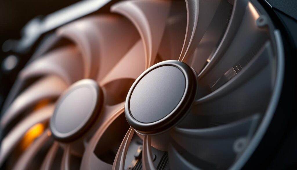 A highly detailed, cinematic close-up image of a GPU's cooling fan system in synchronous motion, captured with a shallow depth of field and dramatic lighting. The fan blades spin in perfect unison, their edges sharply defined against a softly blurred background. Intricate metal and plastic components of the fan assembly are rendered with photorealistic precision, showcasing the engineering precision required to optimize GPU cooling performance.