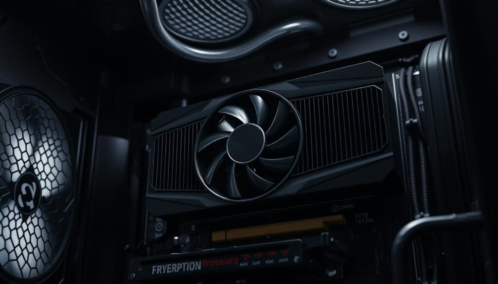 A highly detailed, hyper-realistic 4K render of a modern gaming PC's internal components, with a focus on the GPU's cooling system. The scene is dimly lit, creating dramatic shadows that accentuate the intricate heatsink design and the pattern of the cooling fins. The GPU's PCB is visible, showcasing its complex circuitry. The image emphasizes the importance of effective thermal management, conveying the notion that proper cooling is crucial for prolonging a GPU's lifespan and optimal performance.