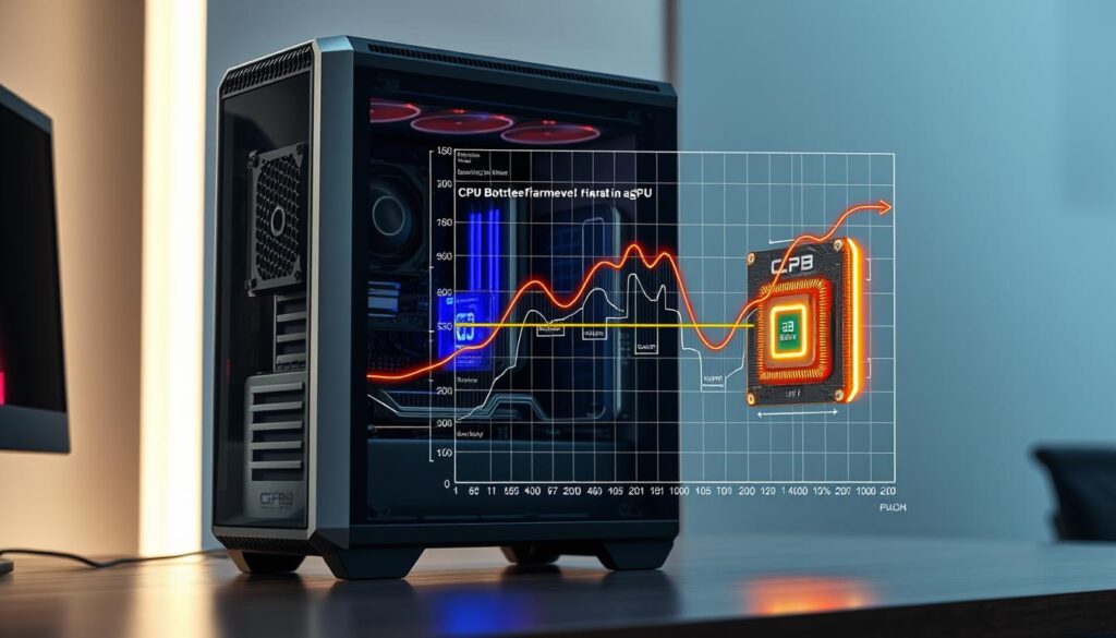 A highly detailed, photorealistic digital illustration showcasing the impact of CPU performance on gaming. In the foreground, a powerful gaming PC with a sleek, modern design sits on a desk, its internals visible through a transparent side panel. The CPU, prominently displayed, is highlighted with a vibrant, glowing aura, indicating its crucial role in the system. In the middle ground, a complex graph or chart visualizes the relationship between CPU performance and gaming framerates, demonstrating how a CPU bottleneck can severely limit the potential of a high-end GPU. The background features a blurred, minimalistic environment, allowing the focal points to take center stage. Crisp lighting, precise textures, and a hyper-realistic style convey the technical nature of the subject matter, while a subtle sense of tension and urgency suggests the importance of understanding CPU limitations for optimal gaming performance.
