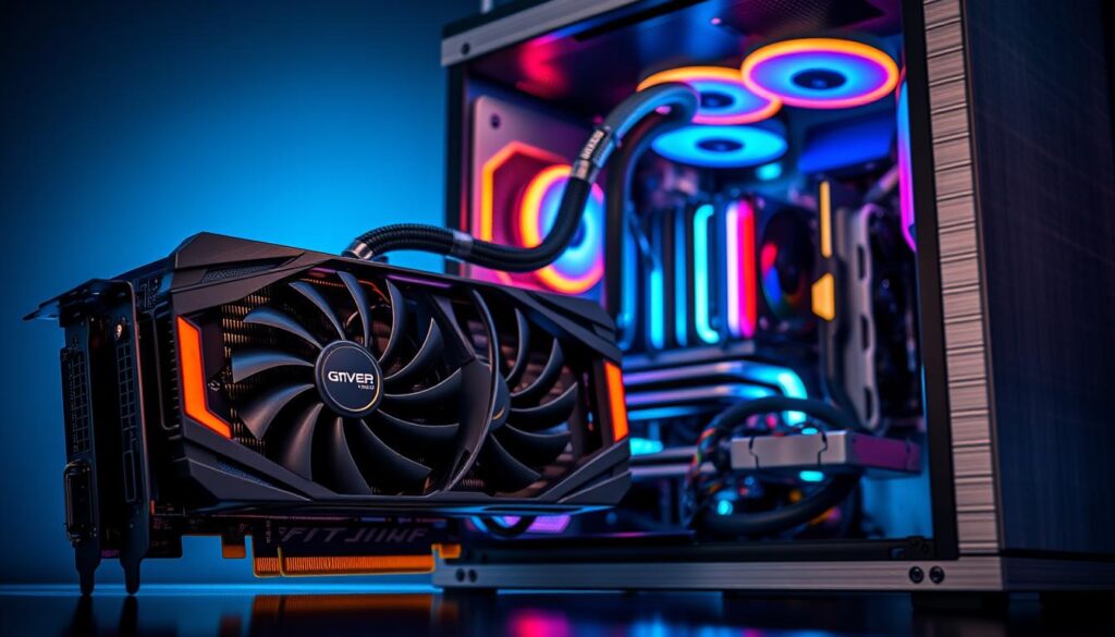 A highly detailed, photorealistic image of a custom-built gaming PC with advanced GPU cooling solutions. The foreground features a powerful graphics card with intricate heatsink and heatpipe design, along with multiple high-performance cooling fans. The middle ground showcases the PC's interior, with neatly routed cables and RGB lighting illuminating the components. The background depicts a sleek, futuristic-looking PC chassis made of brushed aluminum, creating a bold, industrial aesthetic. The lighting is dramatic, with cool, bluish tones that emphasize the technical nature of the scene. The overall mood is one of high-end, cutting-edge technology dedicated to optimal GPU performance and thermal management.