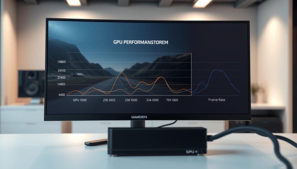 A highly detailed, realistic 3D render of the impact of screen resolution on GPU performance. In the foreground, a gaming desktop computer with a powerful GPU. The monitor displays a scene with various resolutions - 1080p, 1440p, and 4K - each showcasing the corresponding GPU load and frame rate. The middle ground features a series of line graphs illustrating the relationship between resolution, GPU utilization, and frame rates. In the background, a sleek, minimalist workspace with neutral tones, conveying a sense of technological sophistication. Crisp lighting and depth-of-field blur create a professional, informative atmosphere.