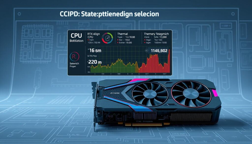 A highly detailed, technical diagram of an RTX 4090 graphics card with overlaid diagnostic data, showcasing CPU bottleneck detection. In the foreground, the RTX 4090 is prominently displayed, its components and heat sinks rendered with precision. In the middle ground, a dynamic visualization of CPU utilization, memory bandwidth, and thermal telemetry is overlaid, highlighting system performance constraints. The background features a minimalist, blueprint-style layout, providing context and scale. Lighting is cool-toned and clinical, emphasizing the analytical nature of the scene. The overall composition conveys a sense of data-driven problem-solving, guiding the viewer to understand CPU limitations when paired with the powerful RTX 4090 GPU.