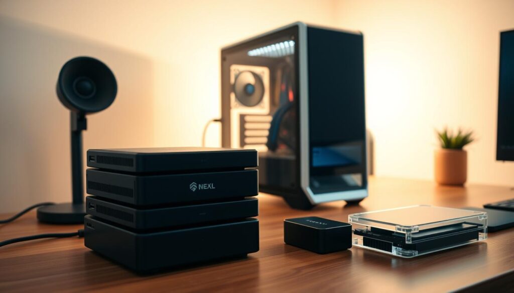 A minimalist home office, bathed in warm, soft lighting. On the desk, a sleek and compact gaming PC sits alongside a stack of external hard drives in various sizes, their matte black casings contrasting against the wood grain. Nearby, a high-speed SSD in a transparent enclosure showcases its rapid data transfer capabilities. The setup conveys a sense of organization and efficiency, perfectly suited for a budget-conscious gamer seeking ample storage solutions to complement their powerful rig.