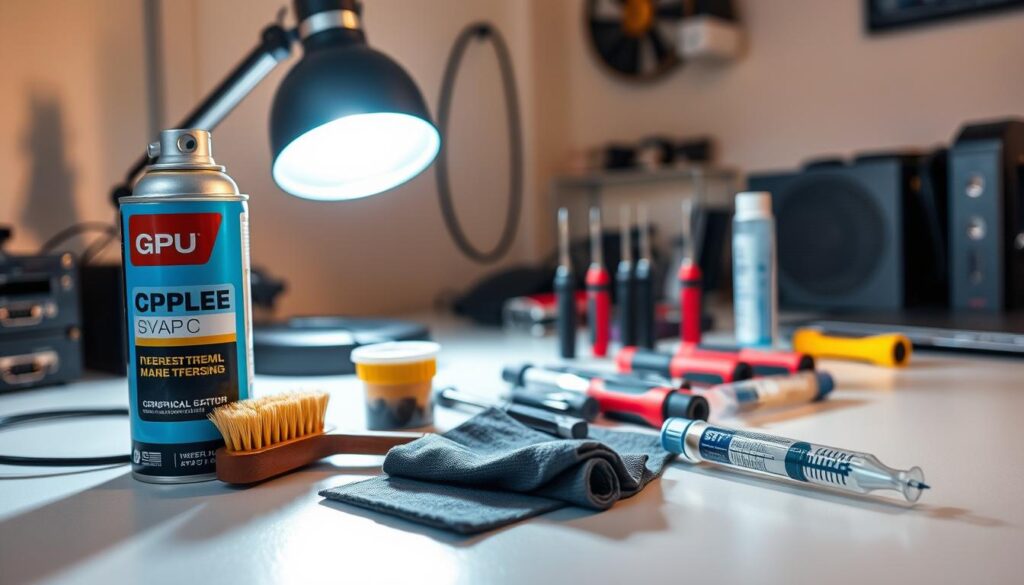 A neatly arranged assortment of essential GPU maintenance tools and supplies on a clean, well-lit workbench. In the foreground, a can of compressed air, a soft-bristled brush, and a microfiber cloth. In the middle ground, a selection of screwdrivers and a thermal paste syringe. In the background, a high-powered desk lamp illuminates the scene, casting a warm, focused glow. The overall mood is one of organized efficiency, conveying the importance of diligent GPU care for optimal performance.