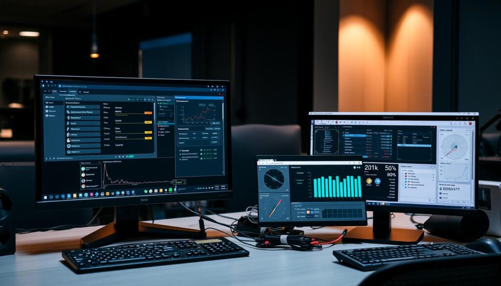 A neatly organized desk with multiple GPU overclocking software applications open on a sleek, dark-themed computer display. In the foreground, the applications' user interfaces are prominently featured, showcasing their advanced settings and customization options. The middle ground includes various hardware components like fans, heatsinks, and cables, hinting at the technical nature of GPU overclocking. The background subtly depicts a dimly lit, modern office environment, creating a professional and focused atmosphere. The lighting is balanced, with a combination of warm and cool tones, emphasizing the technical details of the software and hardware. The overall composition conveys the comparison and analysis of different GPU overclocking tools.