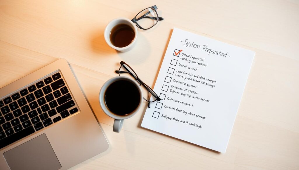 A neatly organized system preparation checklist displayed on a clean, minimalist desk. The checklist is handwritten on a crisp, white notepad, with carefully drawn checkboxes and clear, legible text. The desk is made of light-colored wood, with a sleek, modern design. A laptop, a pair of glasses, and a cup of coffee are placed adjacent to the checklist, creating a productive and focused work environment. The lighting is soft and even, casting a warm glow on the scene. The overall atmosphere conveys a sense of diligence, attention to detail, and a methodical approach to system preparation.