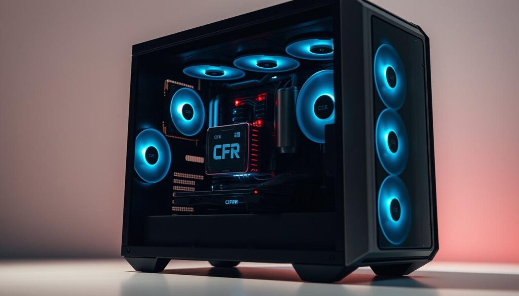 A serene, well-lit desktop scene with a sleek, state-of-the-art gaming PC. The system's internal components are visible through a transparent side panel, showcasing a high-performance CPU with temperature readouts on its display. The CPU's heat sink and cooling fans are prominently featured, illustrating the optimal temperature range for efficient and reliable performance. The background is a subtle gradient, emphasizing the technical focus of the image. Soft shadows and highlights accentuate the precision engineering of the hardware, creating a visually striking and informative illustration.