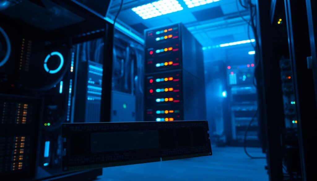 A server room interior, dimly lit with a bluish hue. In the foreground, a sleek desktop computer showcases its RAM modules, their intricate circuitry glowing with a subtle neon light. In the middle ground, a stack of server racks stands tall, their blinking lights and cooling fans hinting at the complex interplay of hardware and software. The background is filled with a maze of cables, networking equipment, and a hazy, data-driven atmosphere, creating a sense of technological depth and complexity. The overall scene conveys the delicate balance between performance and efficiency, as the viewer contemplates the evolving role of RAM in modern computing.