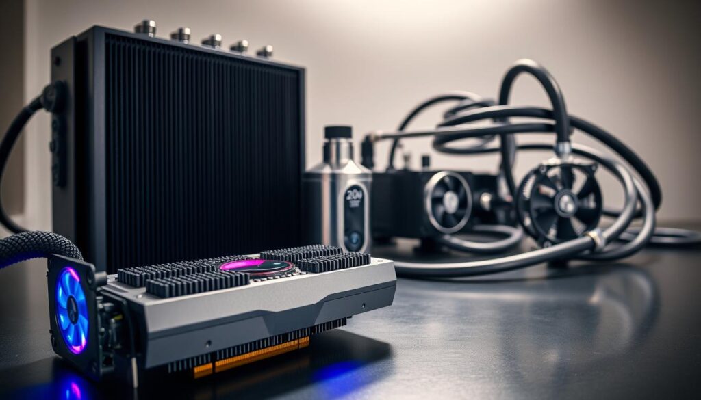 A sleek and modern setup showcasing a collection of custom cooling components. In the foreground, a high-performance GPU water block with intricate heatsink fins and integrated RGB lighting. Behind it, a large radiator with elegant chrome fittings and a powerful, quiet fan. In the middle ground, a reservoir with a digital flow meter and a compact pump unit, their surfaces polished to a mirror shine. In the background, a series of rigid tubing runs in a clean, organized layout, connecting the various components. The scene is bathed in a soft, indirect lighting that highlights the mechanical details and creates a sense of technical sophistication.
