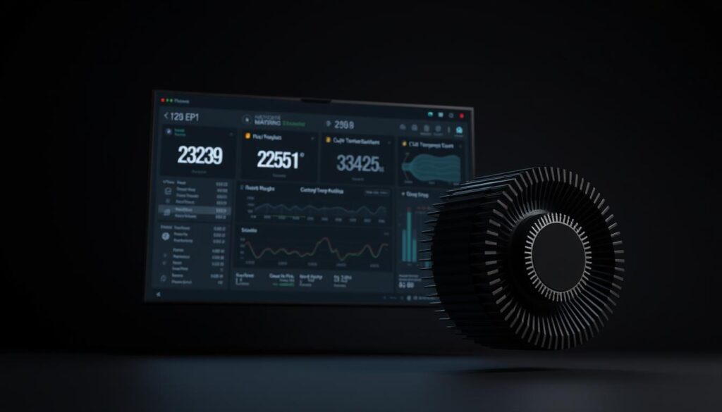 A sleek and modern software interface floats against a dark, minimalist backdrop. The main panel displays a detailed readout of CPU temperature metrics, with precise numerical values and dynamic visualizations. Subtle lighting accentuates the clean lines and elegant typography. In the foreground, a 3D rendered CPU model rotates, its intricate heatsink and fan components clearly visible. The overall composition conveys a sense of precision, control, and technical sophistication - the perfect tool for the discerning PC enthusiast monitoring their system's vital signs.