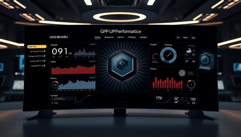 A sleek, futuristic GPU performance dashboard displayed on a curved, high-resolution display. The foreground showcases a variety of real-time metrics, including GPU utilization, temperature, power draw, and memory usage, all presented in a clean, minimalist interface with elegant data visualizations. The middle ground features a 3D model of the GPU chip, rotating and highlighting key components. The background depicts a sophisticated, dimly lit control room setting with holographic displays and subtle ambient lighting, creating a sense of technological sophistication and advanced computing power.