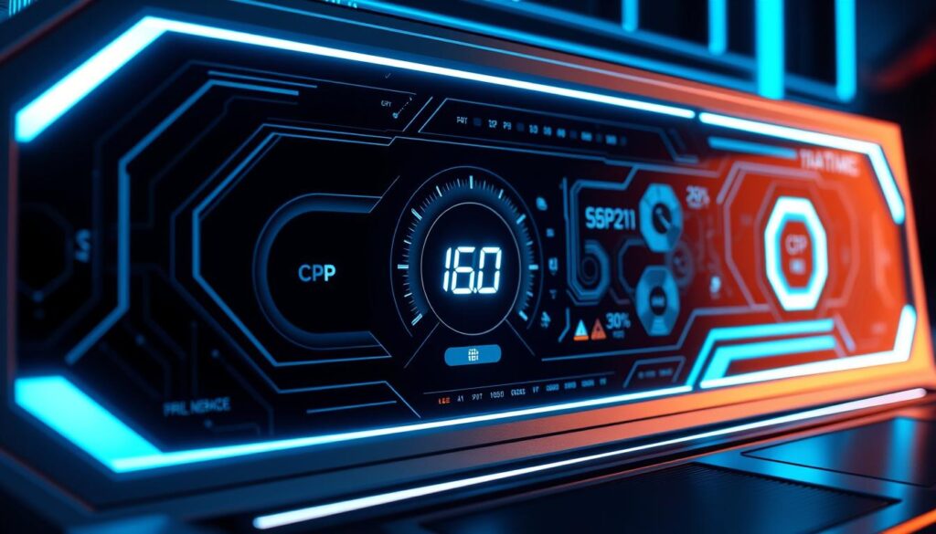 A sleek, futuristic computer dashboard displays real-time CPU temperature monitoring. The interface features a prominent temperature gauge, with a sliding scale and precise digital readout. Glowing neon-blue accents illuminate the high-tech design, creating a sense of technological sophistication. Subtle background elements, such as circuit board patterns and hexagonal motifs, reinforce the digital theme. Dramatic backlighting casts dramatic shadows, heightening the sense of depth and drama. The overall impression is one of precision, control, and the ability to closely monitor and manage critical system performance.