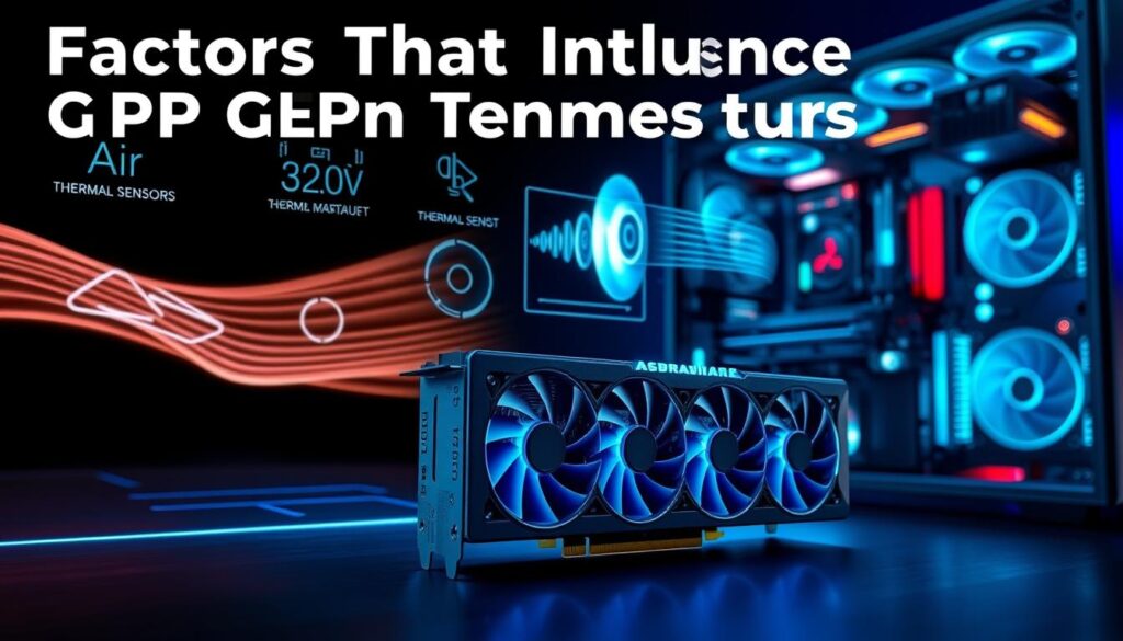 A sleek, futuristic rendering of the key factors influencing GPU cooling. In the foreground, a state-of-the-art GPU housing with intricate heatsink designs and high-performance fans, illuminated by cool, bluish lighting. In the middle ground, stylized visuals of airflow patterns, thermal sensors, and power management systems. The background depicts a cutting-edge computer chassis with advanced ventilation and liquid cooling components. The overall scene conveys a sense of technological sophistication and thermal efficiency, perfectly capturing the essence of "Factors That Influence GPU Temperatures".