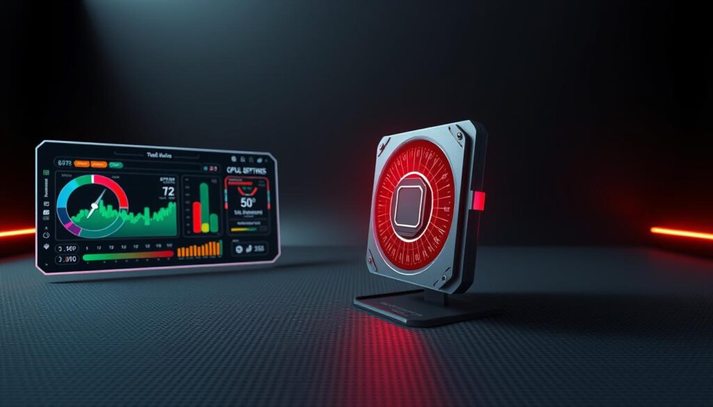 A sleek, futuristic software interface showcasing real-time CPU temperature monitoring. In the foreground, a high-tech dashboard displays vibrant graphical readouts, color-coded to indicate optimal, warning, and critical levels. In the middle ground, a 3D model of a CPU chip rotates, its internal components visible. The background features a minimalist, dark gray environment with subtle grid-like patterns, conveying a sense of precision and technological sophistication. Soft, directional lighting illuminates the scene, creating depth and emphasizing the digital aesthetic. The overall mood is one of advanced, user-friendly system monitoring, suitable for a modern gaming or workstation setup.