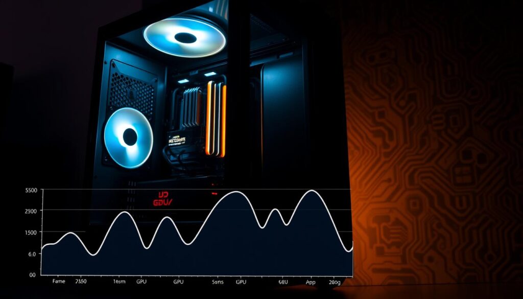 A sleek gaming desktop PC, its state-of-the-art GPU illuminating the scene with a soft, ambient glow. The interior components visible through a tempered glass side panel, showcasing intricate heat sinks and high-performance cooling solutions. In the foreground, a stylized graph or chart visualizing metrics like frame rates, GPU utilization, and temperature, all optimized for maximum gaming performance. The background dimly lit, with a subtle pattern or texture evocative of digital circuitry or a motherboard layout, creating a technical, high-tech atmosphere.