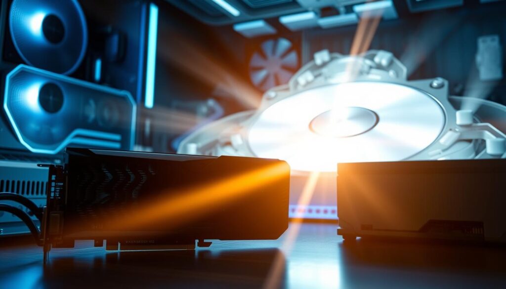 A sleek gaming desktop setup with a powerful GPU, showcasing a visually striking bottleneck between the fast SSD and the slower HDD storage. The foreground features the GPU, fans, and heatsinks, hinting at the raw processing power, while the background displays a hazy, distorted view of the HDD, symbolizing the performance limitation. Rays of light cut through the scene, creating a dramatic, cinematic atmosphere that emphasizes the tension between the cutting-edge technology and the outdated storage solution. The overall composition conveys a sense of technological imbalance, highlighting the need for a more holistic approach to gaming hardware optimization.