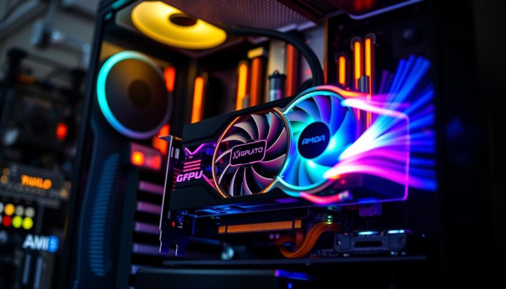 A sleek, high-performance gaming PC against a blurred backdrop of computer components and circuitry. The GPU, the centerpiece, is prominently displayed, its inner workings visible through a transparent casing. Colorful energy waves radiate from the GPU, symbolizing the increased performance and power potential of overclocking. Subtle yet impactful lighting accentuates the GPU's design, creating an atmosphere of innovation and technological advancement. The overall composition conveys the benefits of GPU overclocking - enhanced frame rates, smoother gaming experiences, and increased productivity - balanced by the cautionary elements of potential risks, such as heat buildup and system instability.