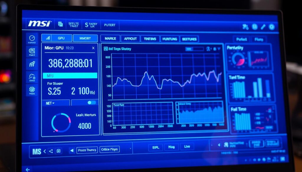 A sleek, high-resolution close-up of the MSI Afterburner interface, showcasing its intuitive layout and advanced GPU overclocking controls. The screen is bathed in a cool, bluish hue, with clean lines and a minimalist design. The foreground displays the main monitoring and tuning panels, including GPU and memory clock speeds, temperatures, and fan settings. In the middle ground, intricate graphs and charts illustrate real-time performance data. The background features a subtle, out-of-focus desktop environment, emphasizing the interface's centrality. The overall mood is one of precision, control, and technical sophistication, befitting the task of safely overclocking a GPU.