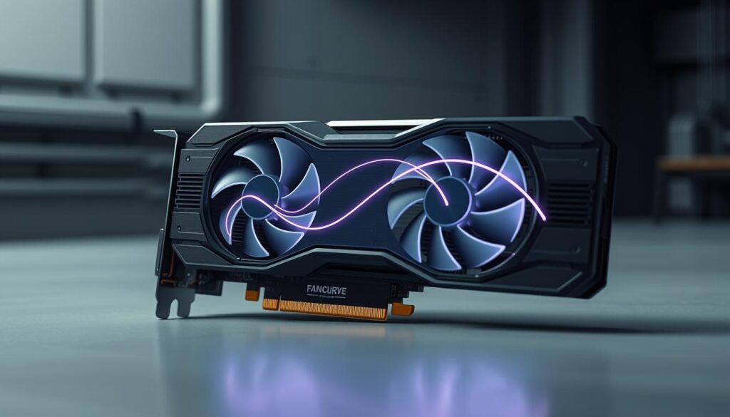 A sleek, high-tech GPU with a stylized fan curve configuration displayed on a crisp, digital display. The fan blades are visible, showcasing their intricate design and efficient airflow. The background features a minimalist, industrial aesthetic with clean lines and a muted color palette, emphasizing the technical nature of the subject. Subtle lighting highlights the curves and edges of the GPU, creating depth and a sense of dimensionality. The overall composition conveys a sense of precision, control, and the importance of fine-tuning GPU fan settings for optimal performance and cooling.