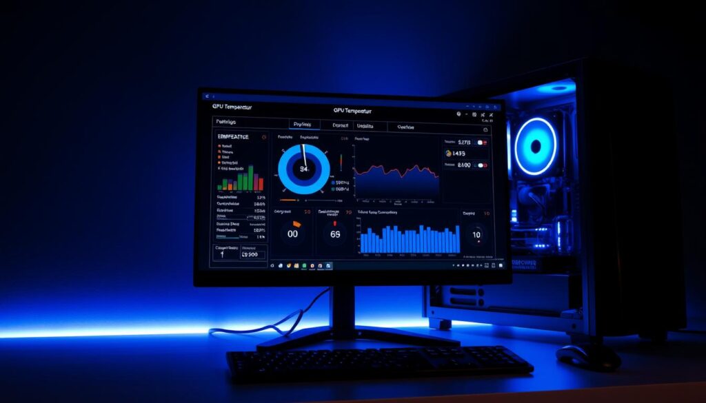 A sleek, high-tech desktop setup with a state-of-the-art gaming PC. The GPU temperature monitoring software prominently displayed on the main monitor, showcasing real-time temperature readings, fan speeds, and power consumption metrics. The scene is bathed in a cool, bluish hue from the computer's internal lighting, creating a clean, professional atmosphere. The monitor is positioned at an angle, capturing the data in a clear, legible manner. The entire setup is placed against a minimalist, dark background, allowing the technology to take center stage.