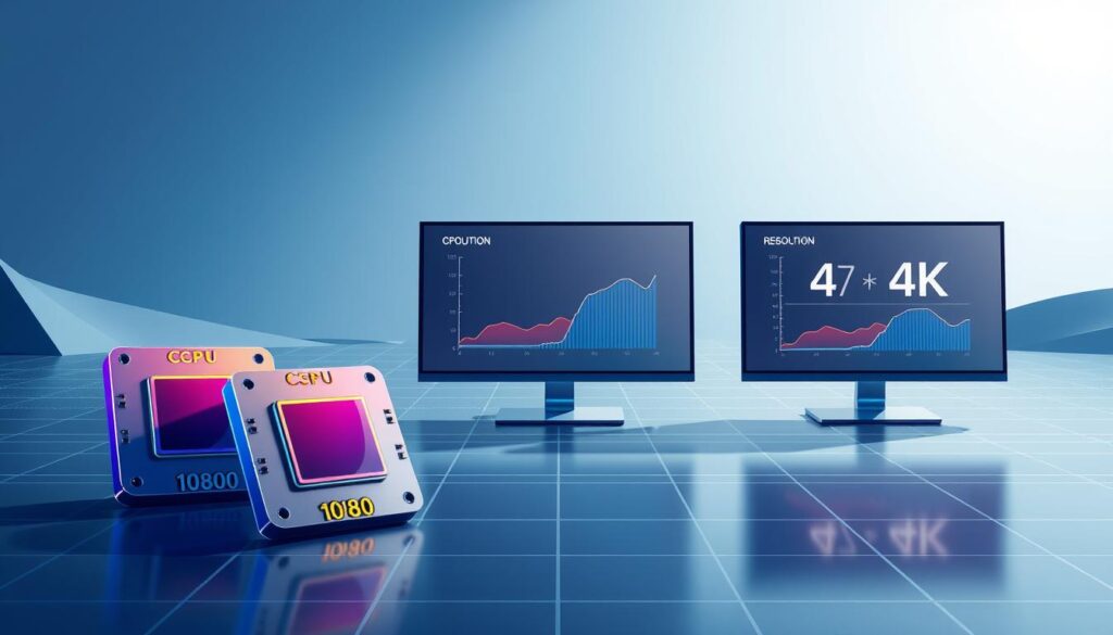 A sleek, high-tech illustration showcasing CPU utilization at different screen resolutions. In the foreground, a trio of stylized CPU chips, their performance levels represented by vibrant color gradients. The middle ground features a series of computer displays, each displaying a unique resolution - 1080p, 1440p, and 4K - with the corresponding CPU utilization data visualized as dynamic graphs. The background is a minimalist, futuristic landscape, with subtle grid patterns and geometric shapes, conveying a sense of technological sophistication. The lighting is crisp and directional, casting dramatic shadows and highlights to emphasize the technical details. The overall composition is clean, balanced, and designed to clearly illustrate the relationship between screen resolution and CPU performance.