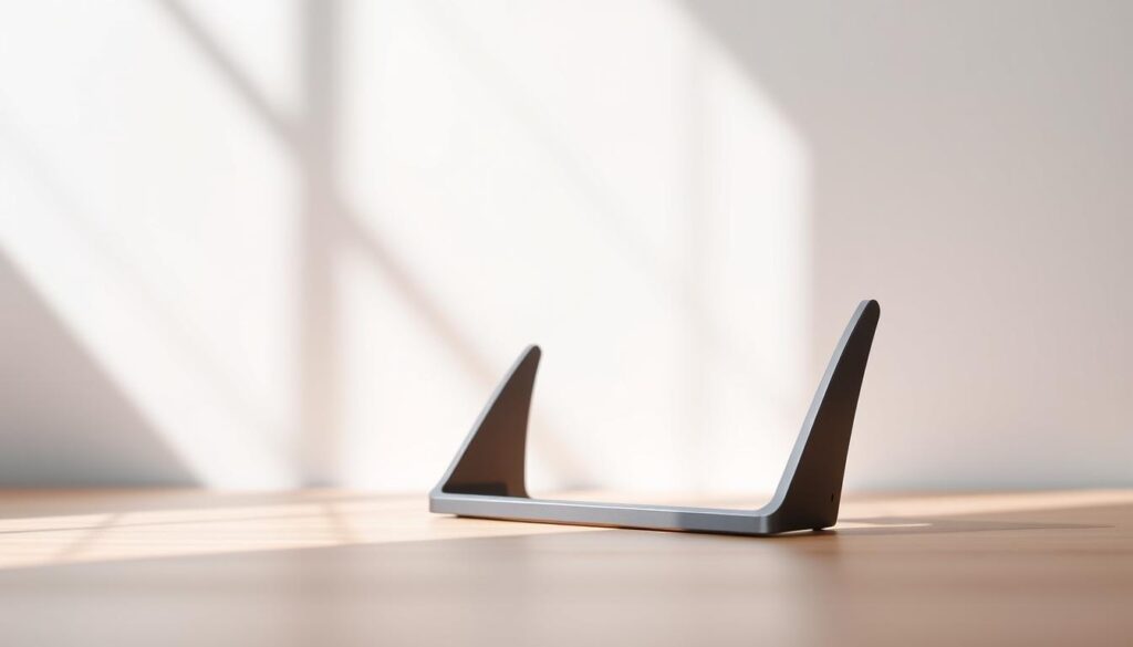 A sleek, minimalist GPU support bracket made of high-quality aluminum, sitting against a clean, bright background with natural lighting. The bracket has a sophisticated, modern design with subtle curves and a matte finish. It is positioned prominently in the frame, showcasing its sturdy construction and attention to detail. The lighting creates soft shadows that accentuate the bracket's shape and material, giving it a premium, professional appearance. The overall scene conveys a sense of elegance and functionality, perfectly suited to illustrate a solution for fixing GPU sag.